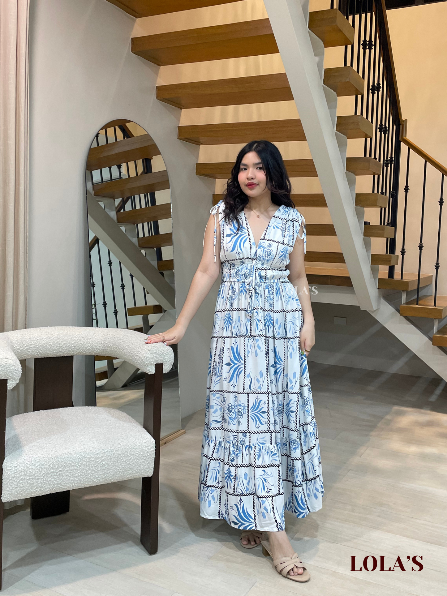 Adeline Dress (White Blue Ferns)