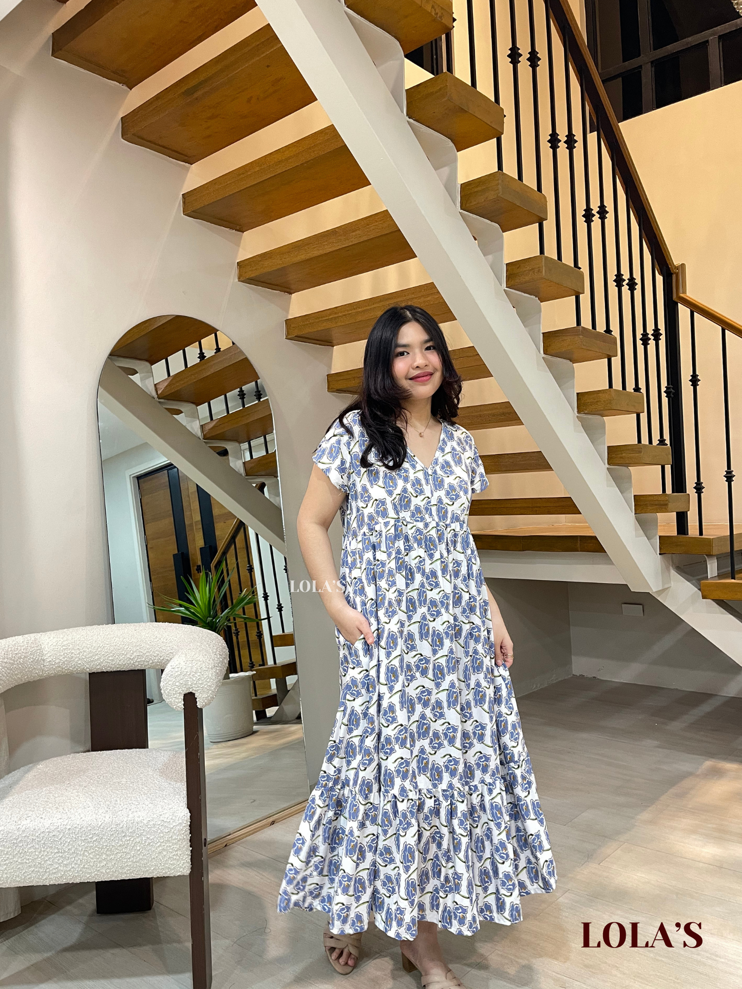 Jane Dress (White-Blue Daffodils)