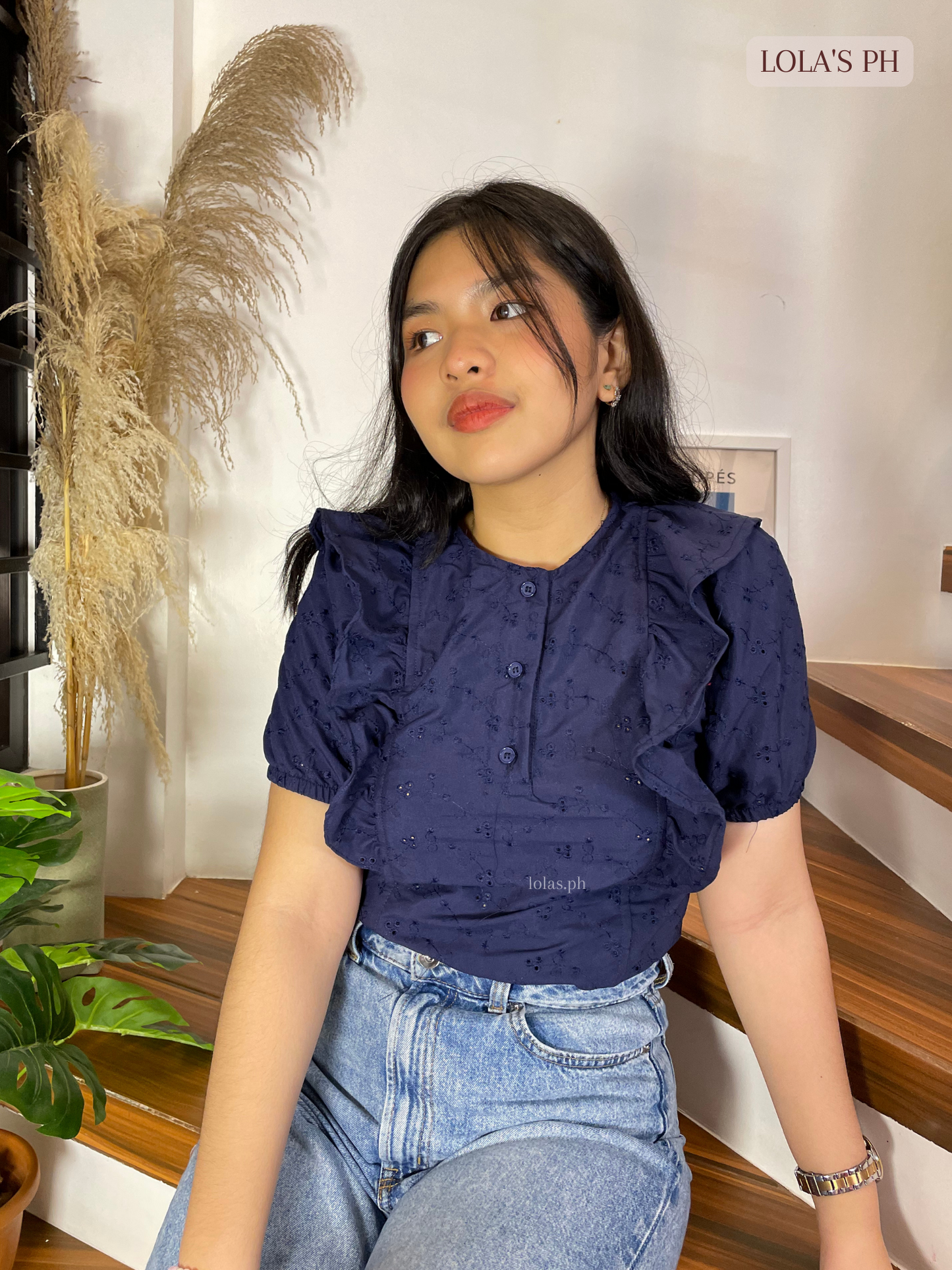 Miya Top (Navy Blue Eyelet)