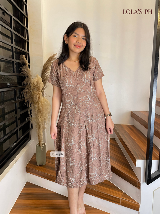 Reema Dress (Brown Leaf Pattern)