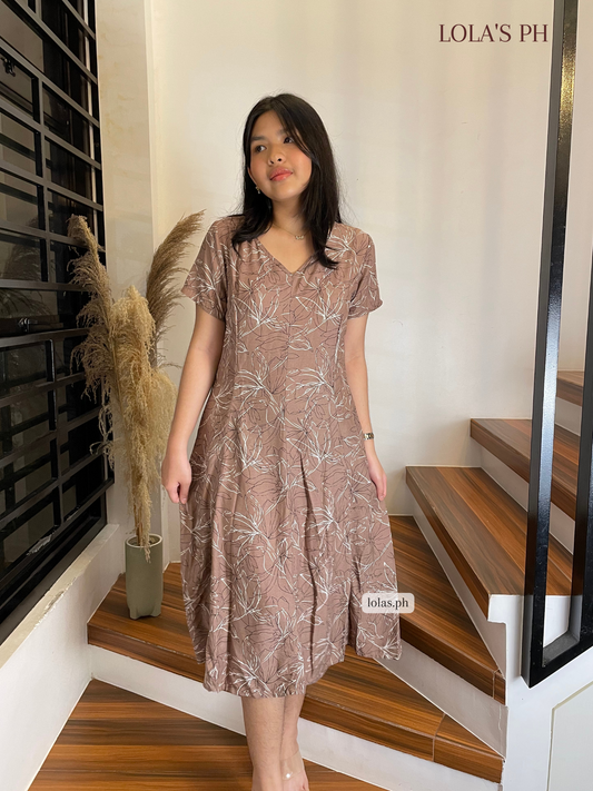 Reema Dress (Brown Leaf Pattern)