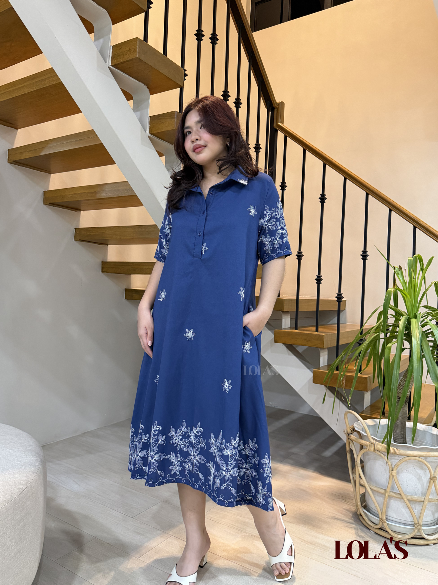 Bianca Dress (Navy Blue Embroidered)
