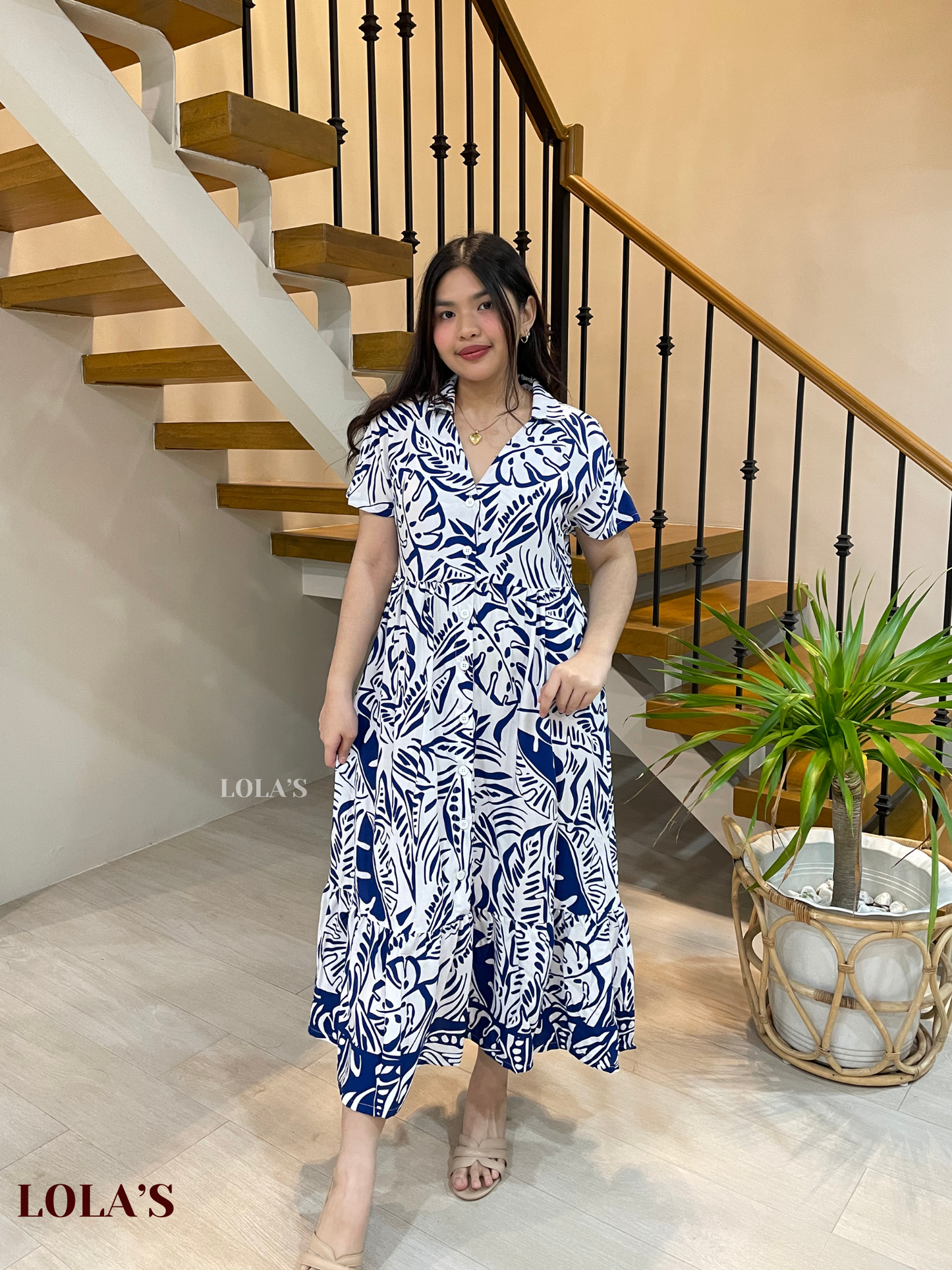 Regine Dress (Navy Monstera)