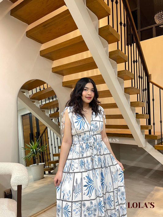 Adeline Dress (White Blue Ferns)