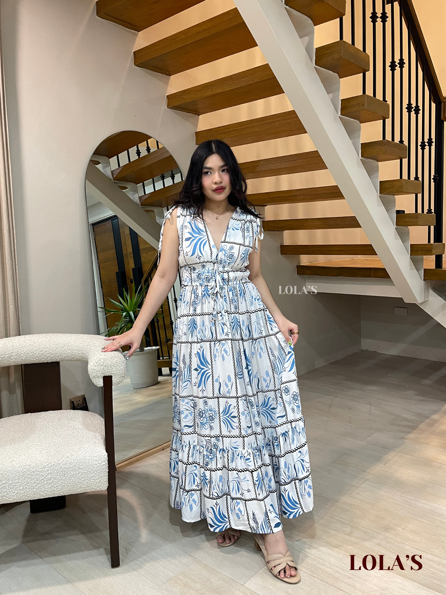 Adeline Dress (White Blue Ferns)