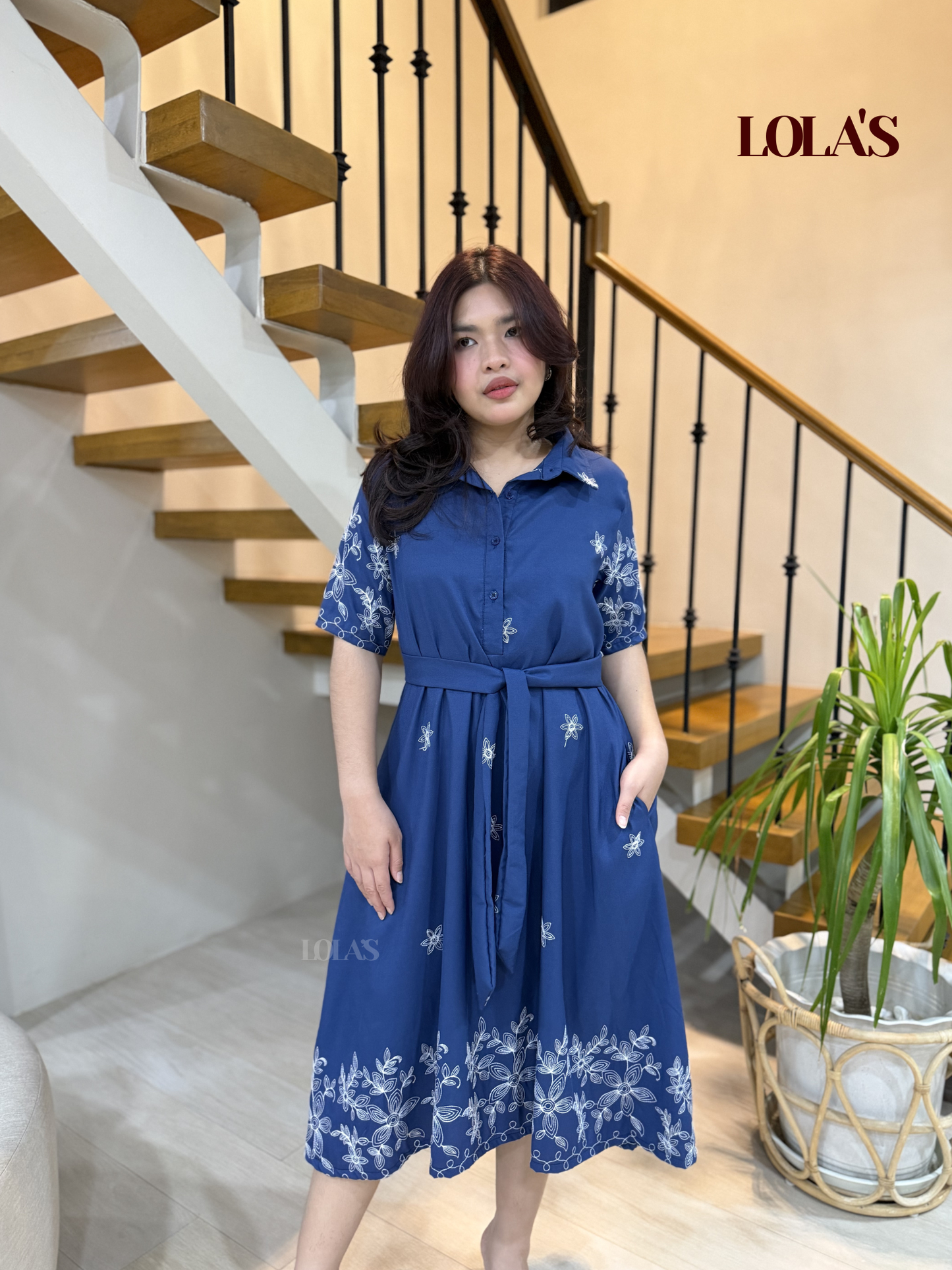 Bianca Dress (Navy Blue Embroidered)