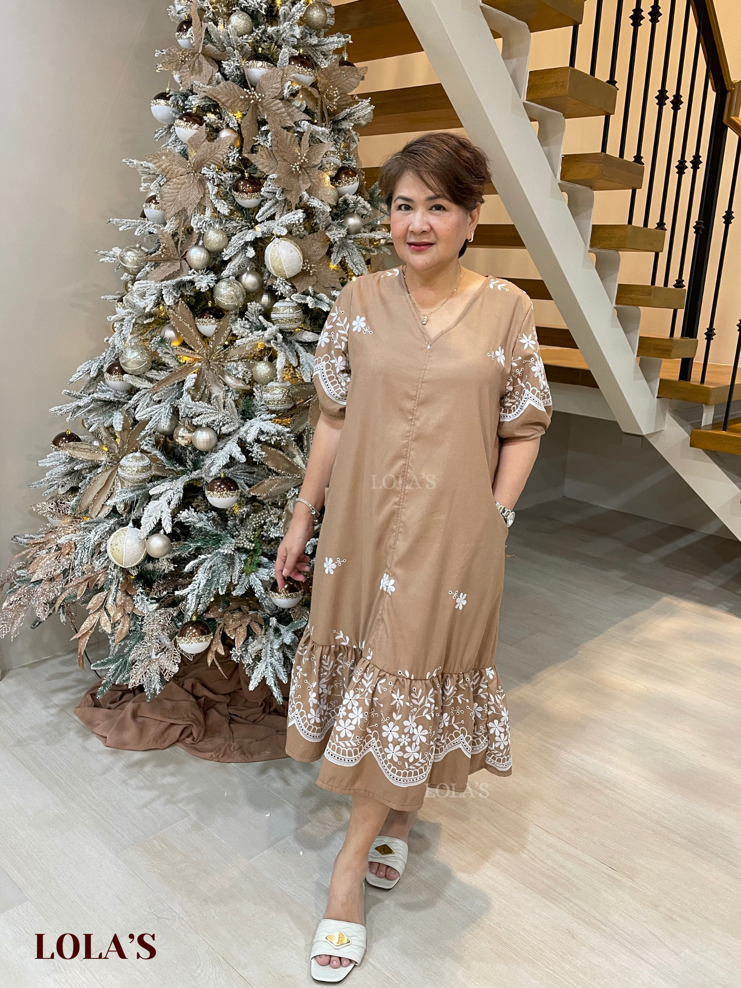 Priscilla Dress (Mocha with White Embroidery)