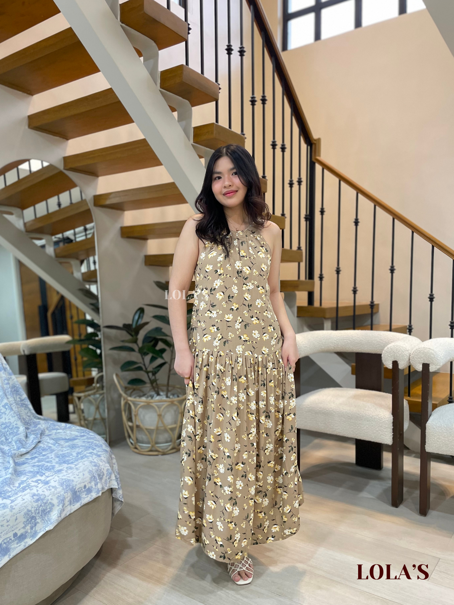 Chesca Dress (Beige Blooms)
