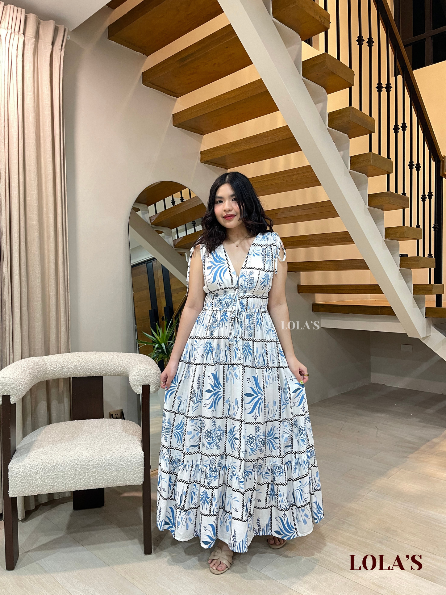 Adeline Dress (White Blue Ferns)