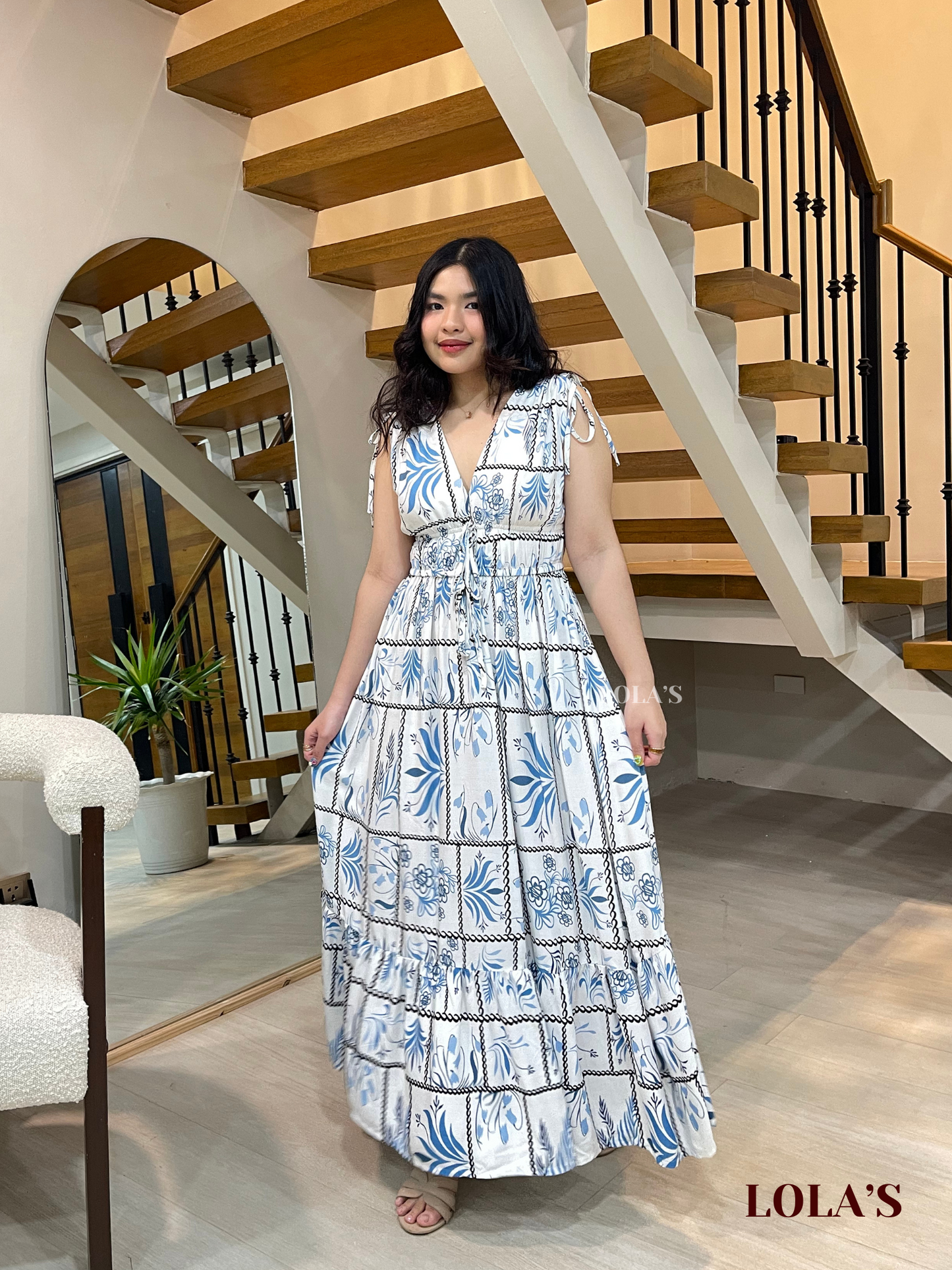 Adeline Dress (White Blue Ferns)