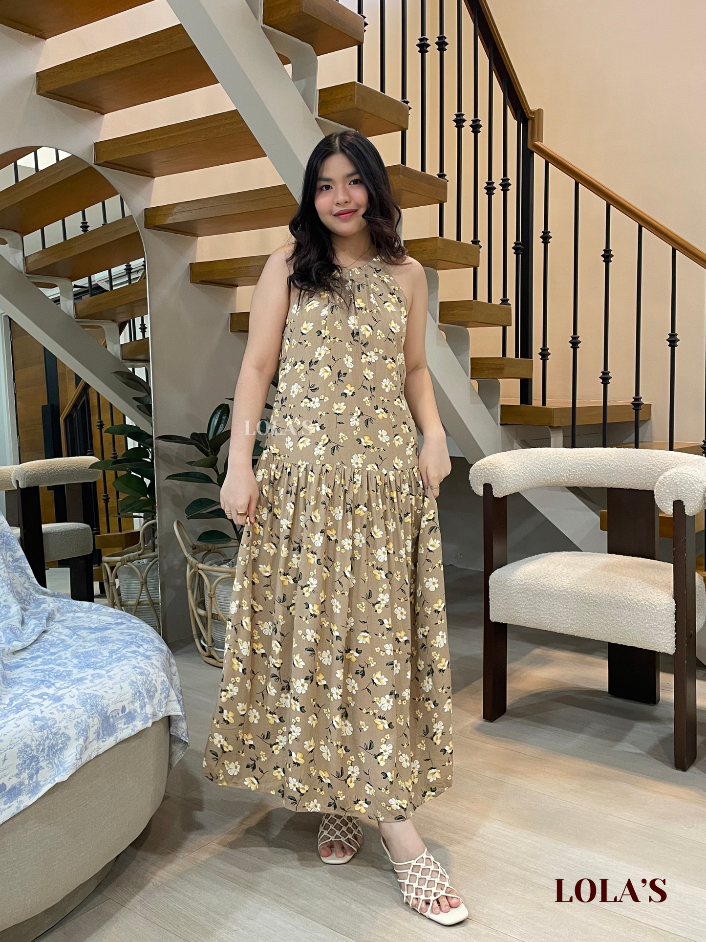 Chesca Dress (Beige Blooms)
