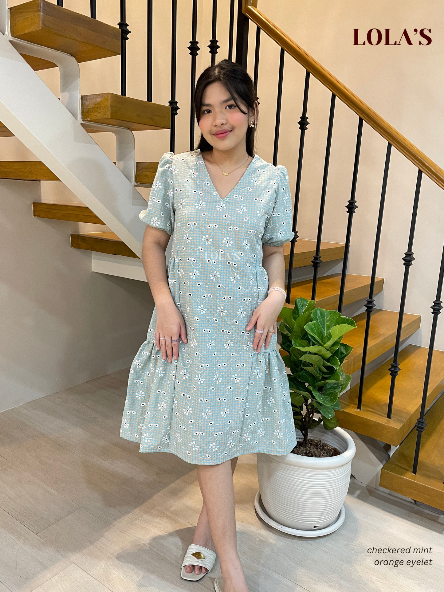 Samantha Dress (Checkered Mint Orange Eyelet)