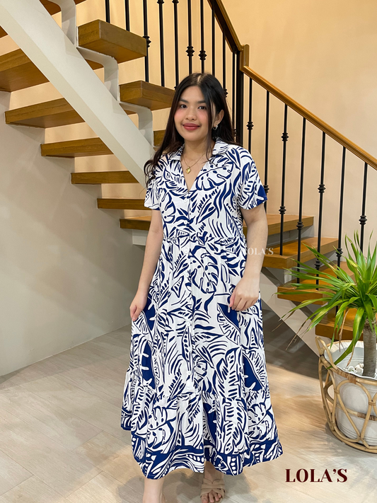 Regine Dress (Navy Monstera)