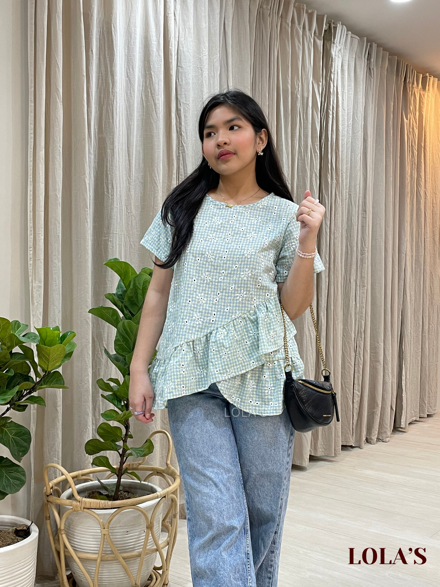 Tala Blouse (Checked Mint & Yellow Eyelet)