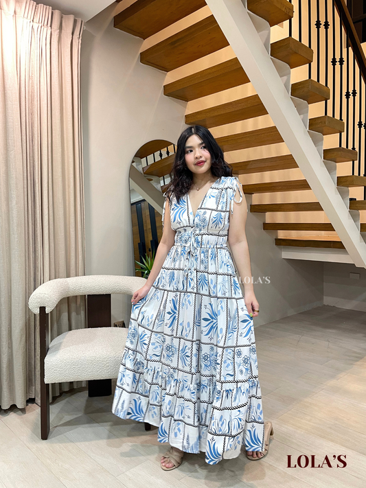 Adeline Dress (White Blue Ferns)