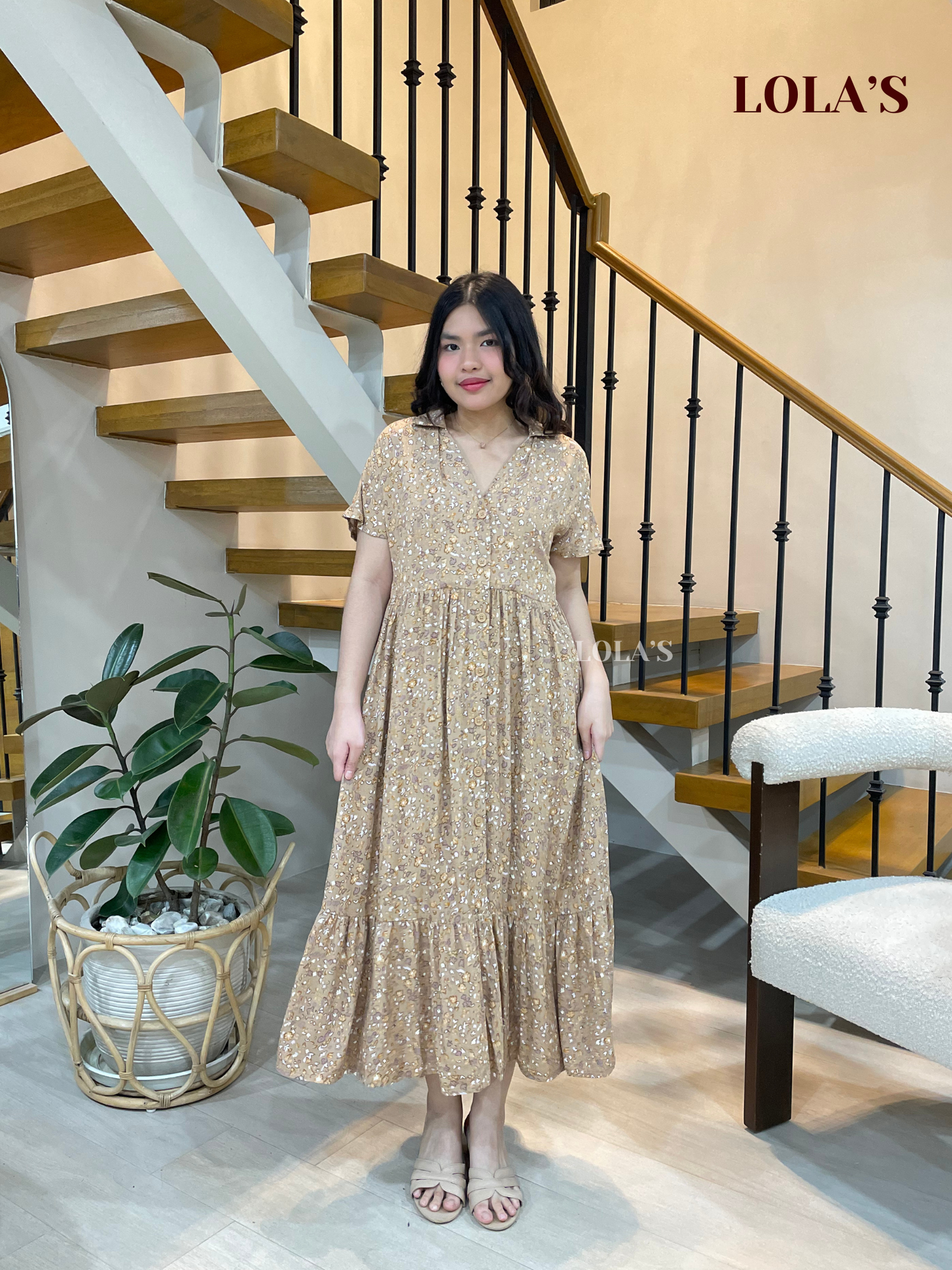 Regine Dress (Beige Ditsy Blooms)