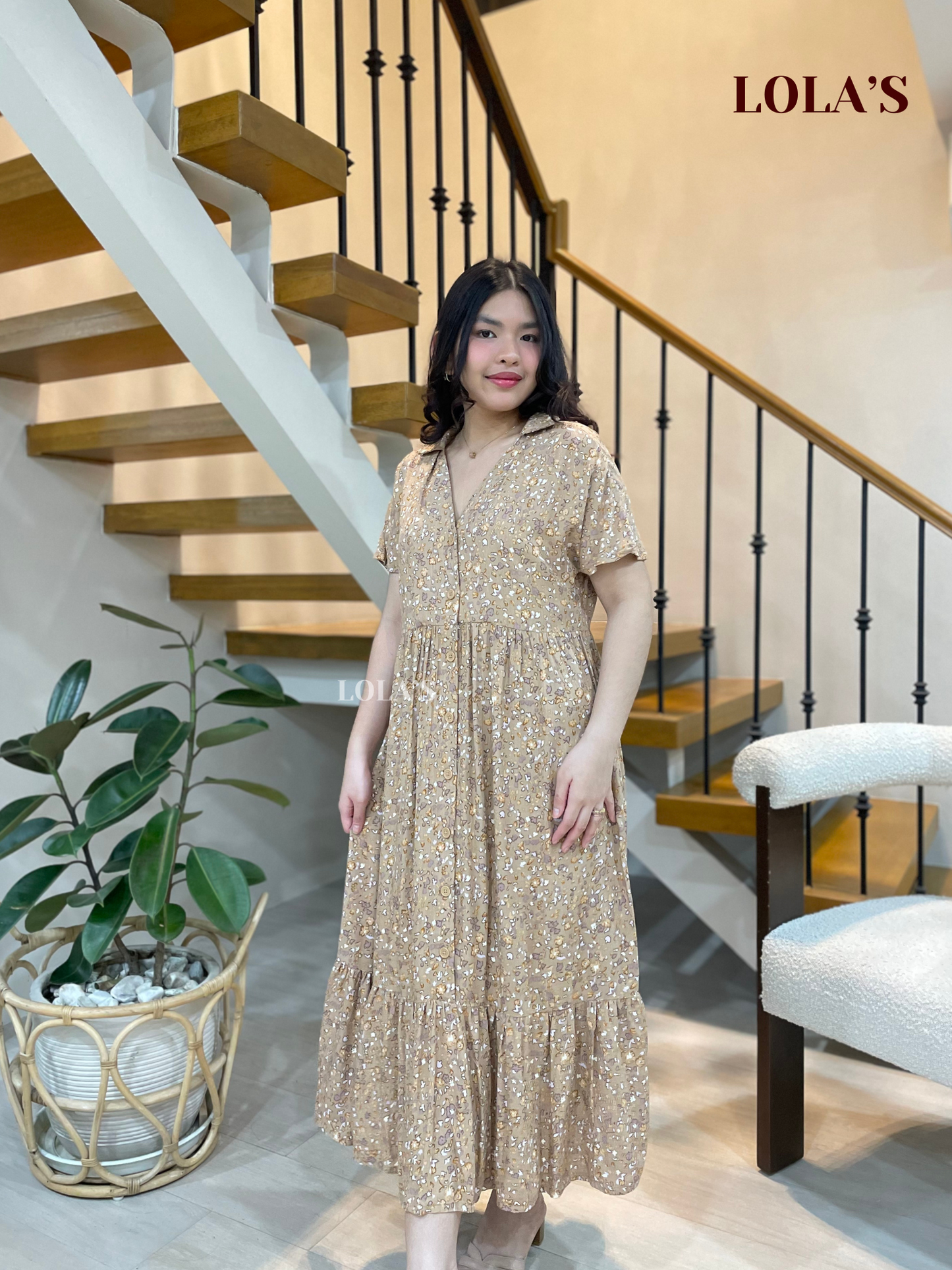 Regine Dress (Beige Ditsy Blooms)