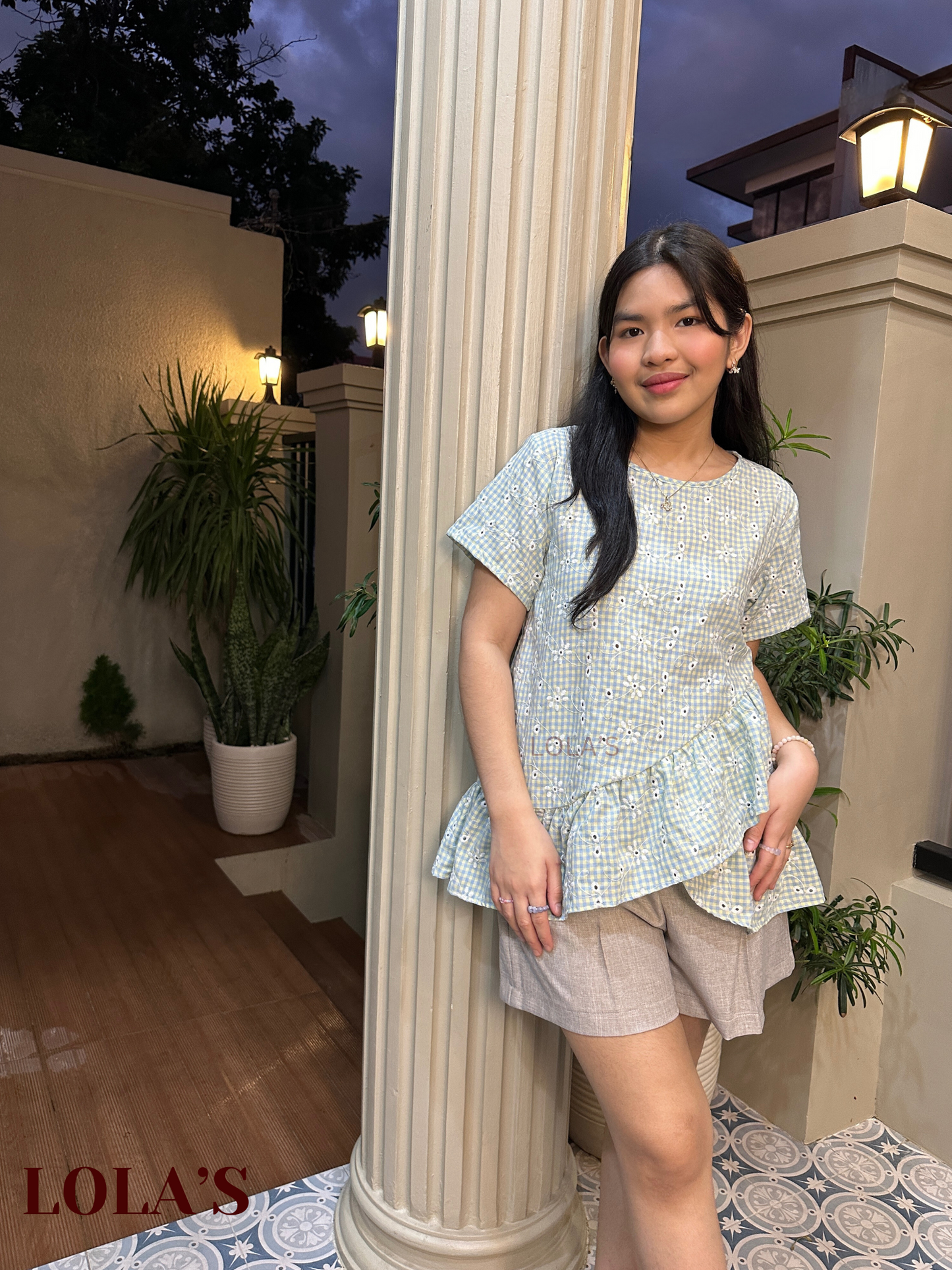 Tala Blouse (Checked Mint & Yellow Eyelet)