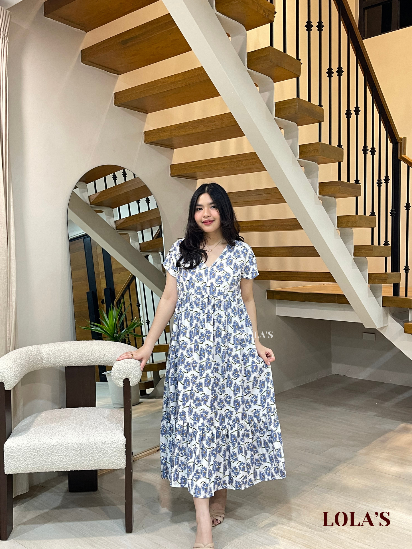 Jane Dress (White-Blue Daffodils)