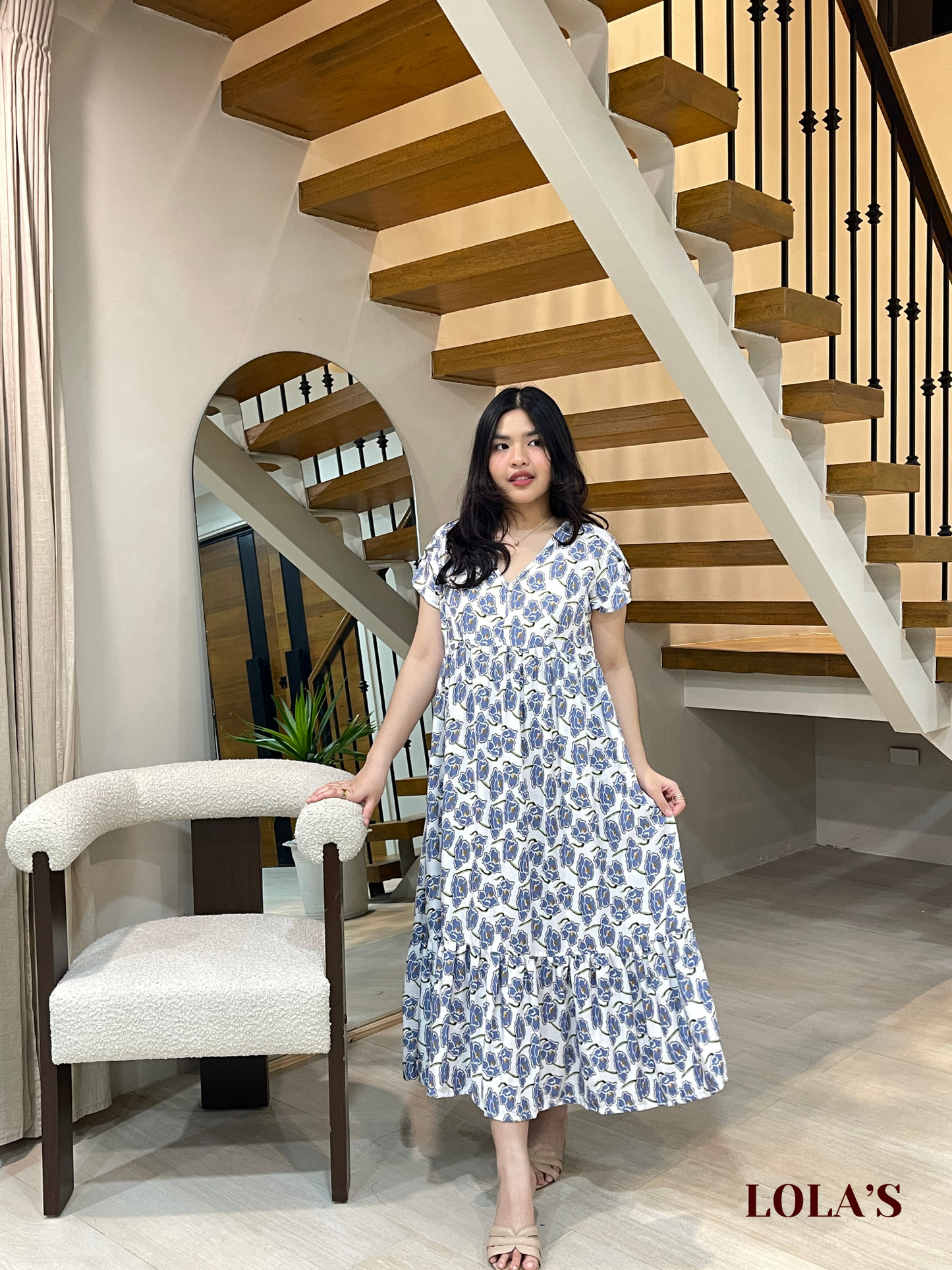 Jane Dress (White-Blue Daffodils)