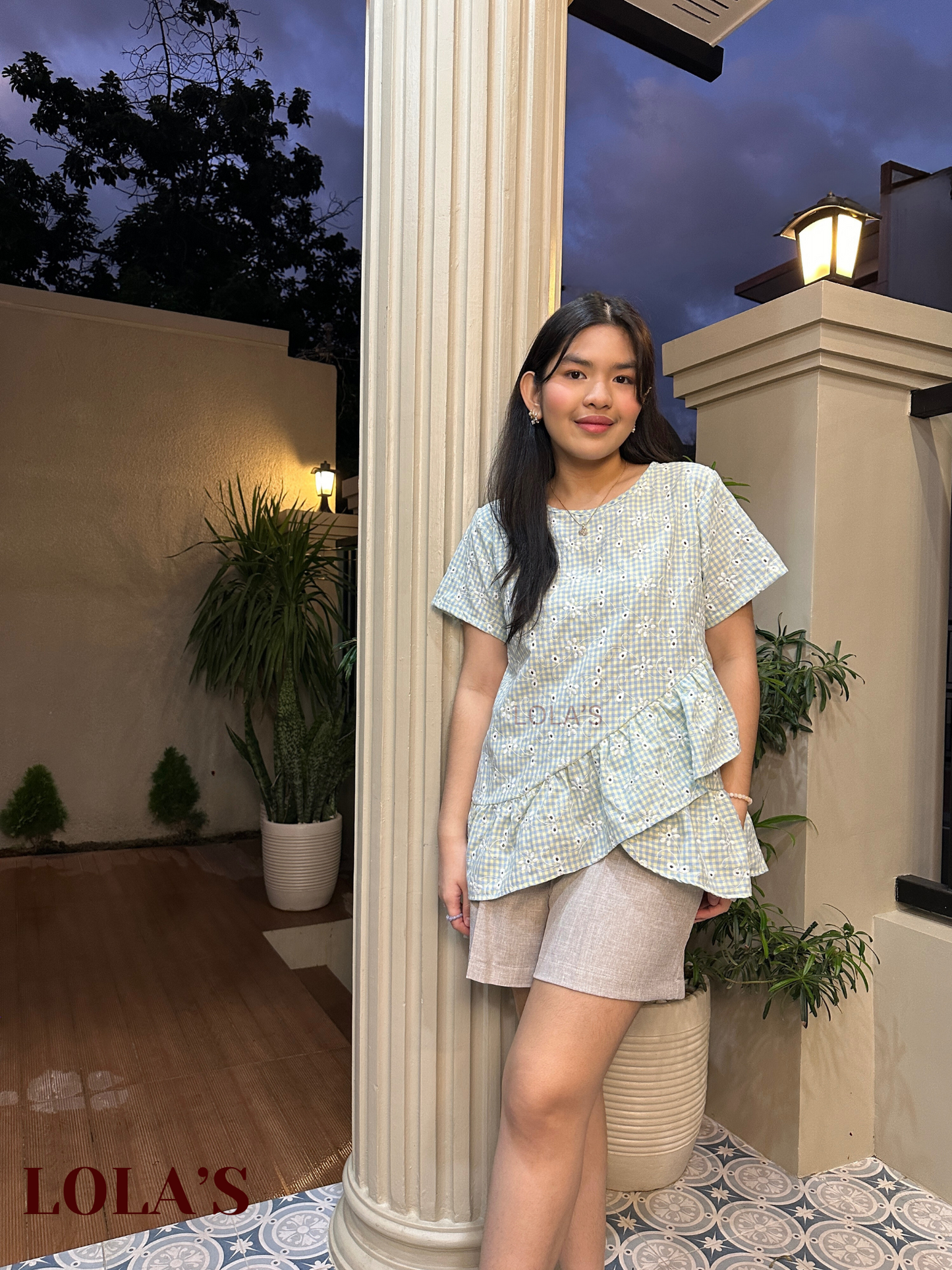 Tala Blouse (Checked Mint & Yellow Eyelet)