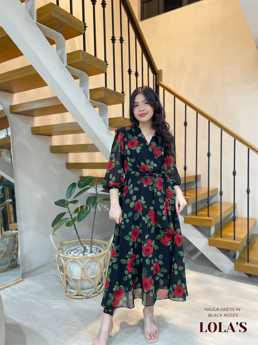 Paula Dress (Black Roses)