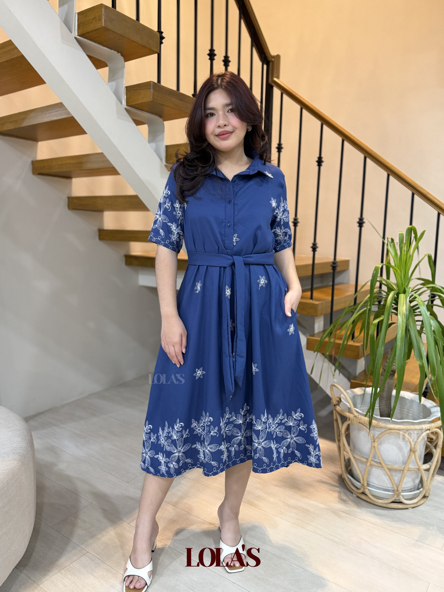 Bianca Dress (Navy Blue Embroidered)