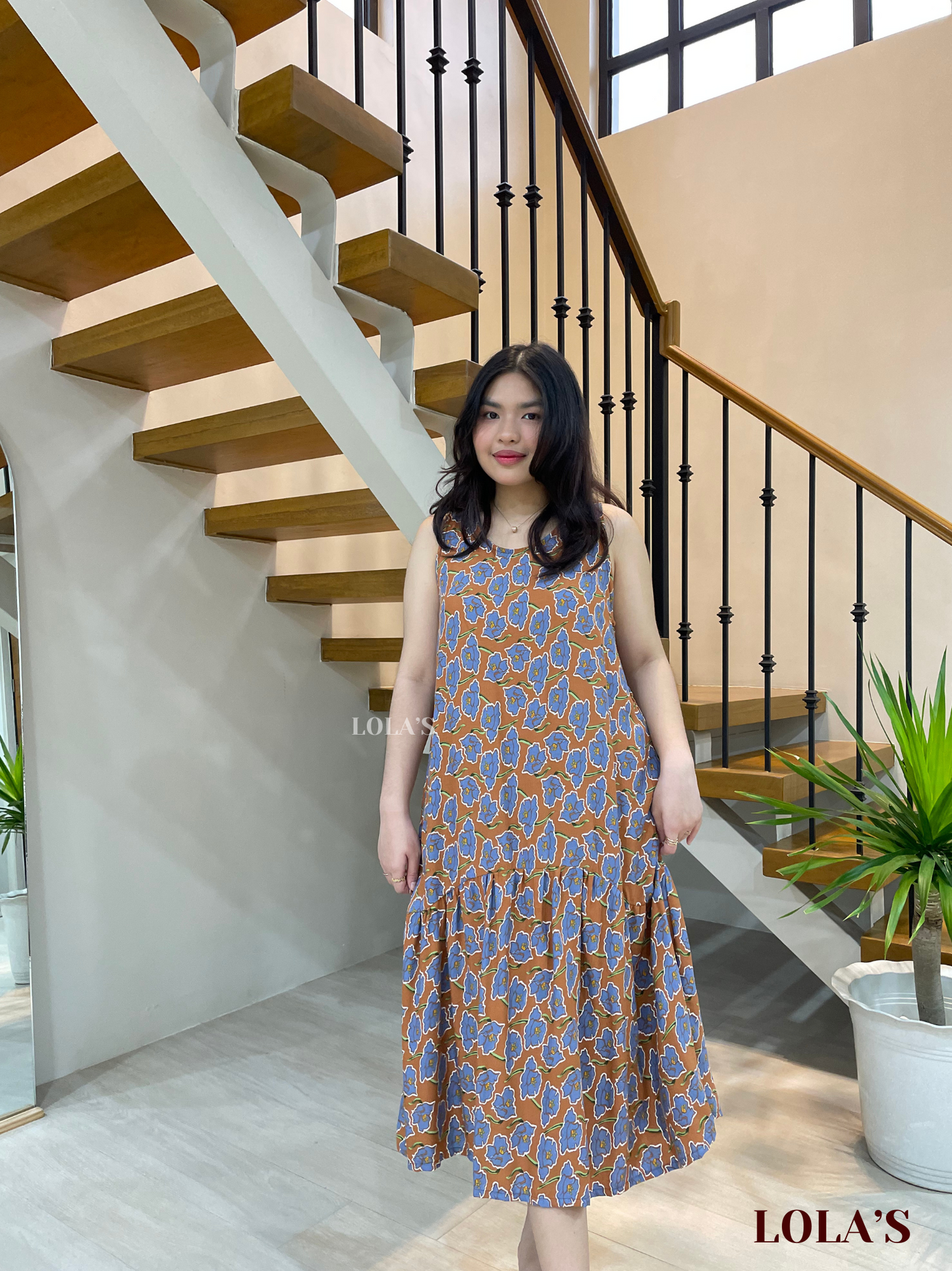 Sita Dress (Brown-Blue Daffodils)