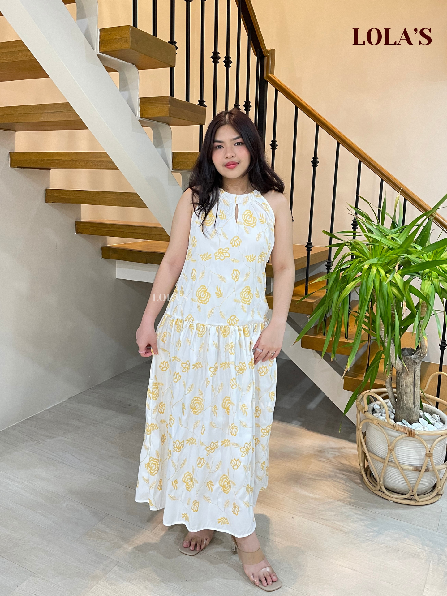 Chesca Dress (White-Yellow Embroidered)