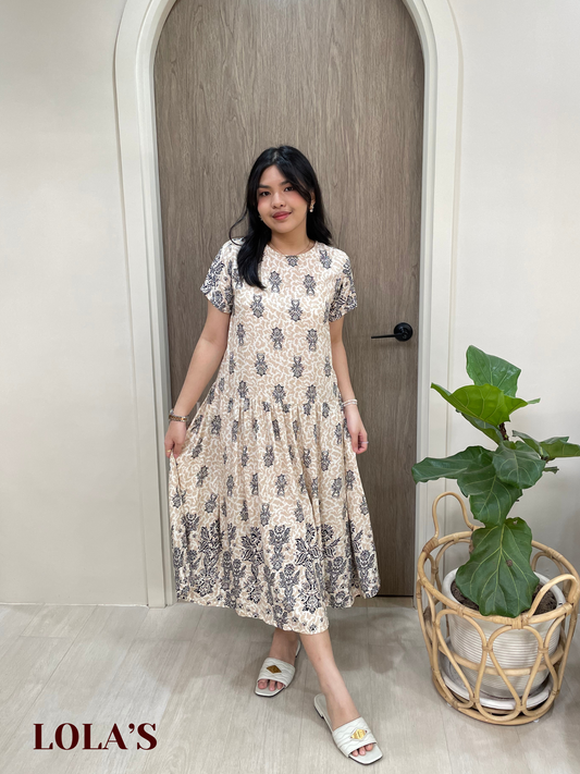 Mina Dress (Cream-Blue Floral)