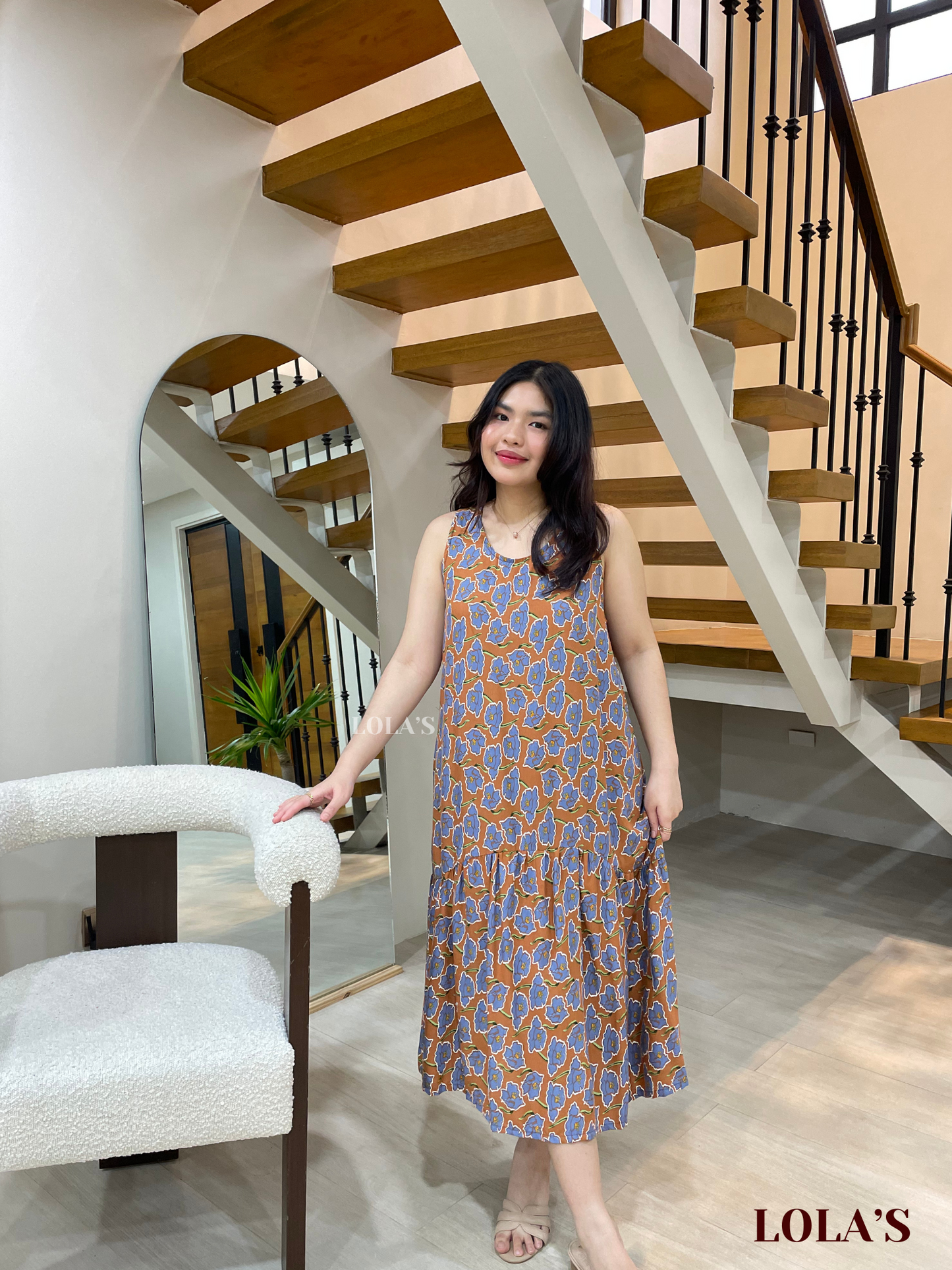 Sita Dress (Brown-Blue Daffodils)