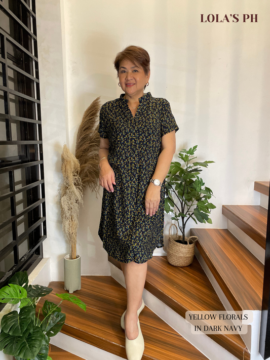 Corazon Dress (Yellow Florals in Dark Navy)
