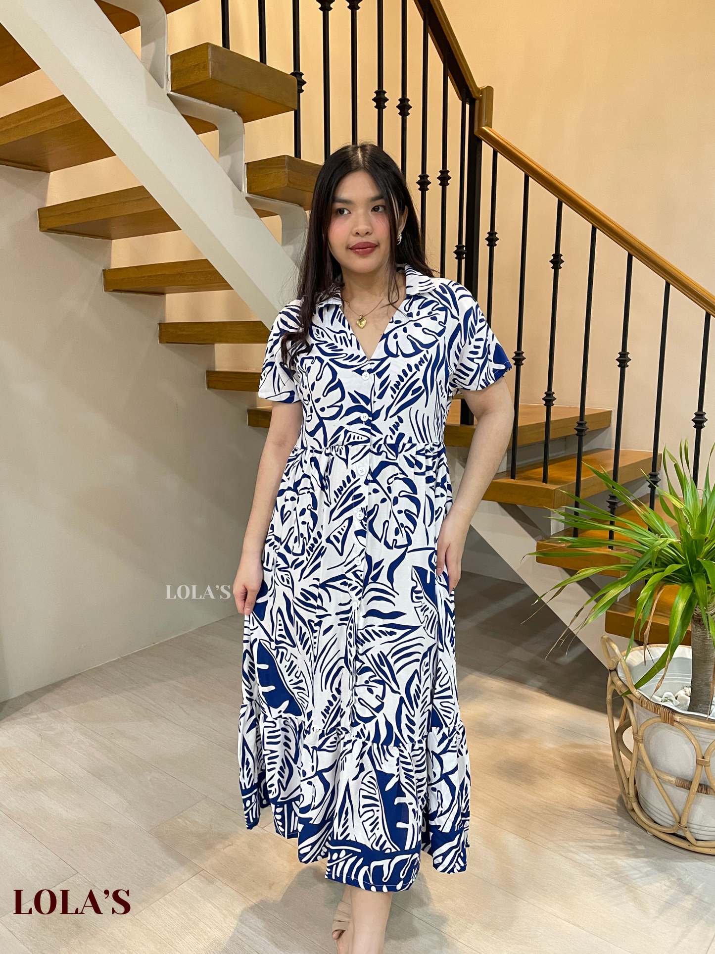 Regine Dress (Navy Monstera)