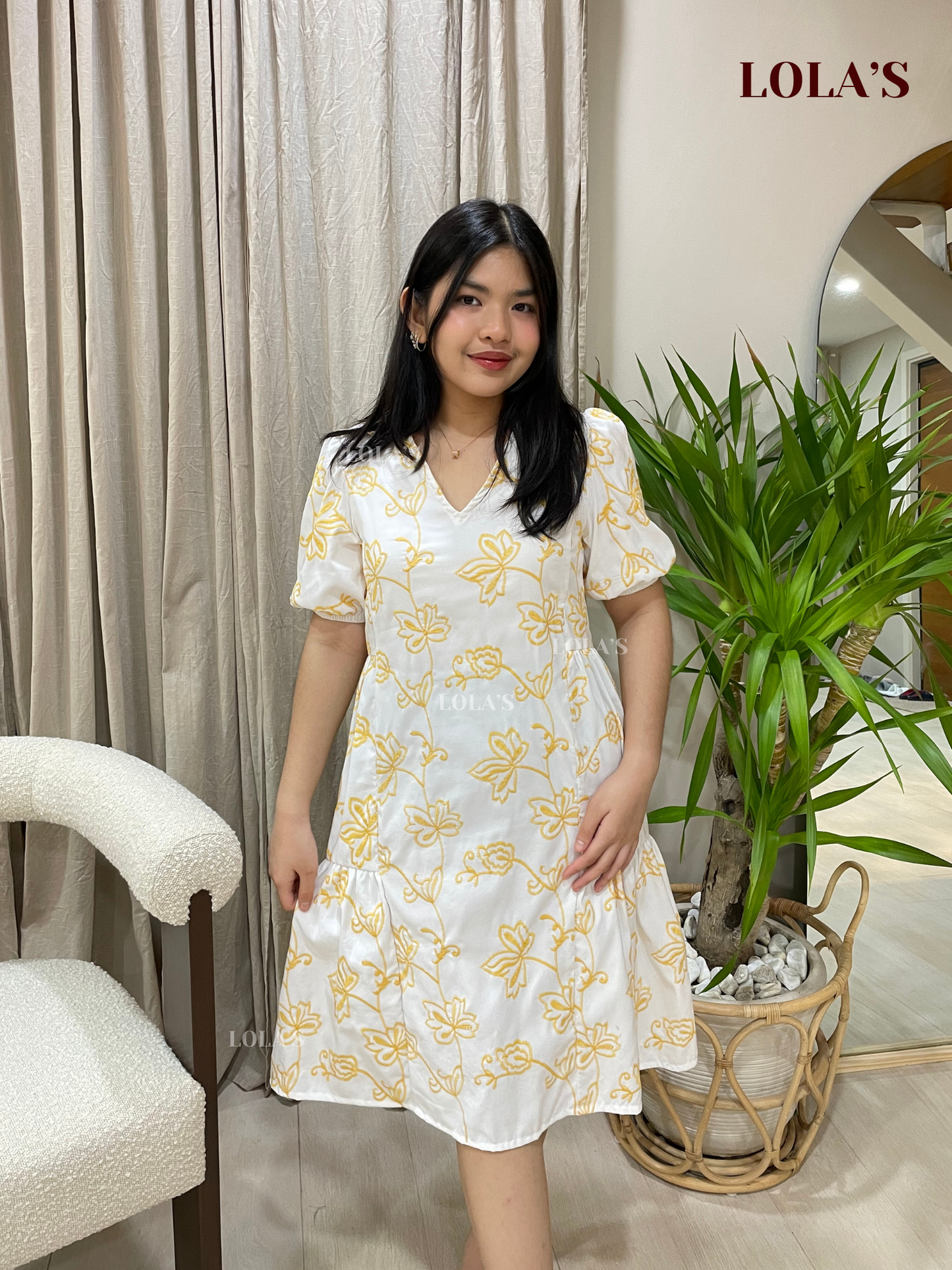 Samantha Dress (White-Yellow Embroidered)