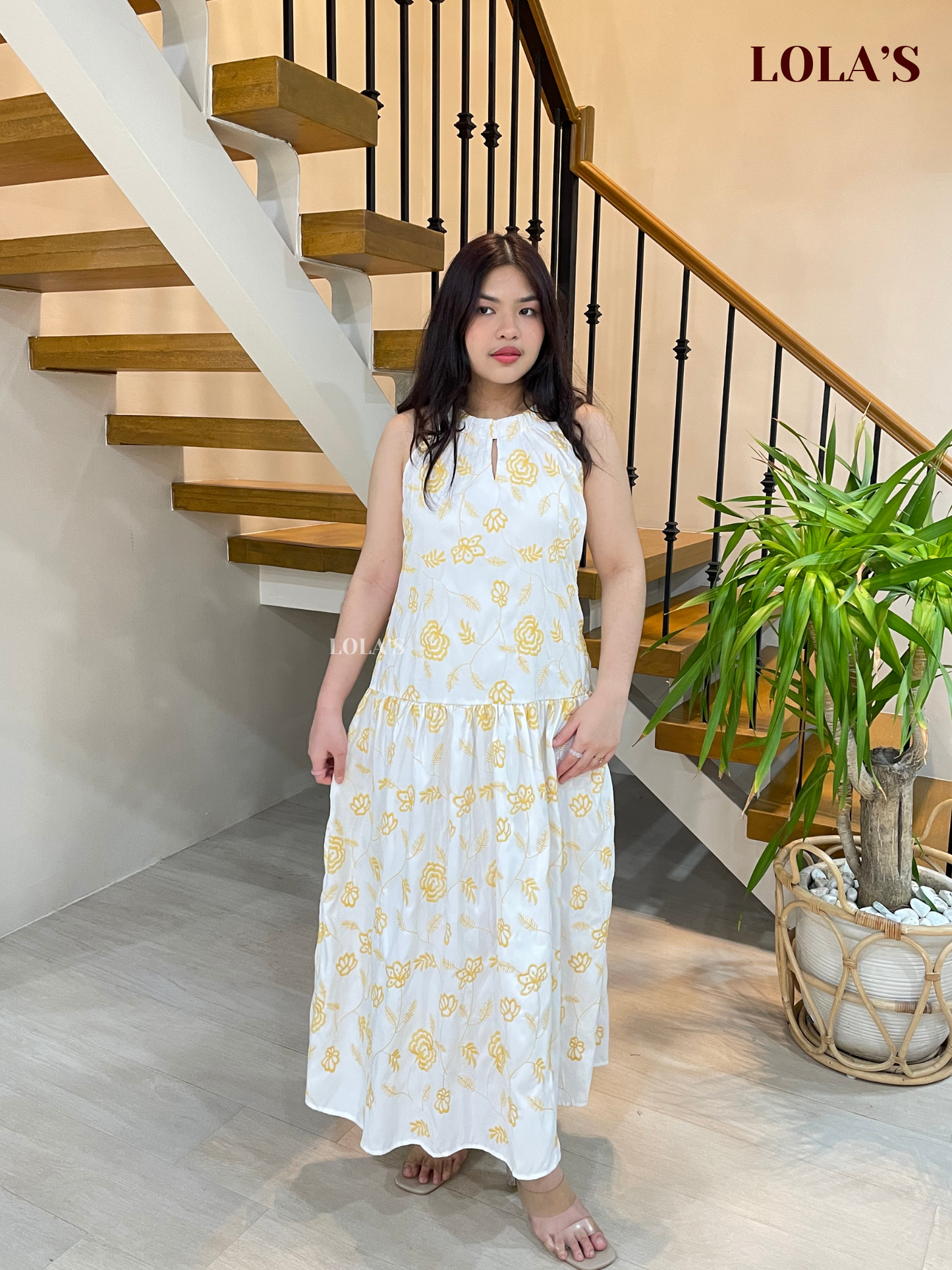 Chesca Dress (White-Yellow Embroidered)