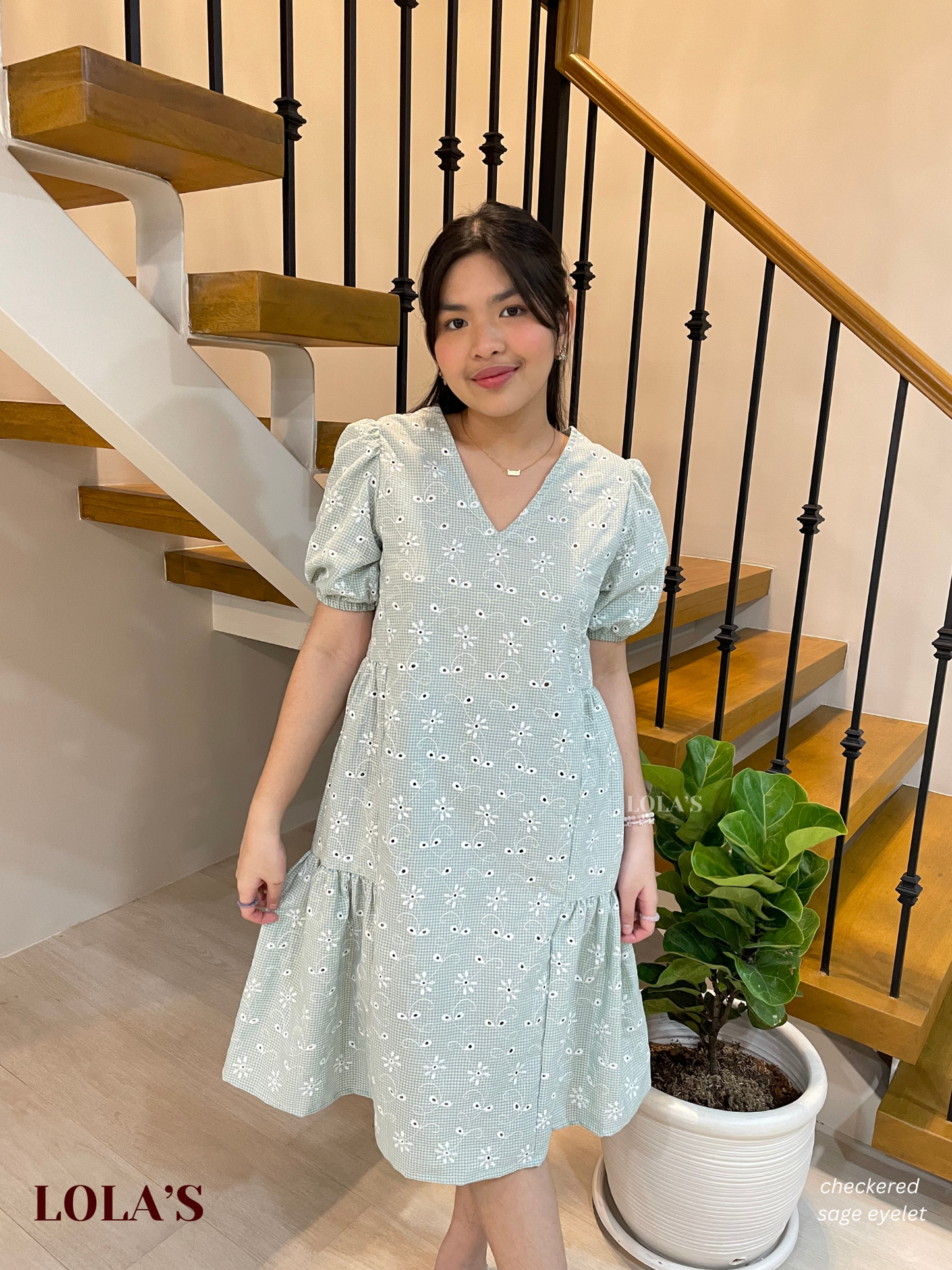 Samantha Dress (Checkered Sage Eyelet)