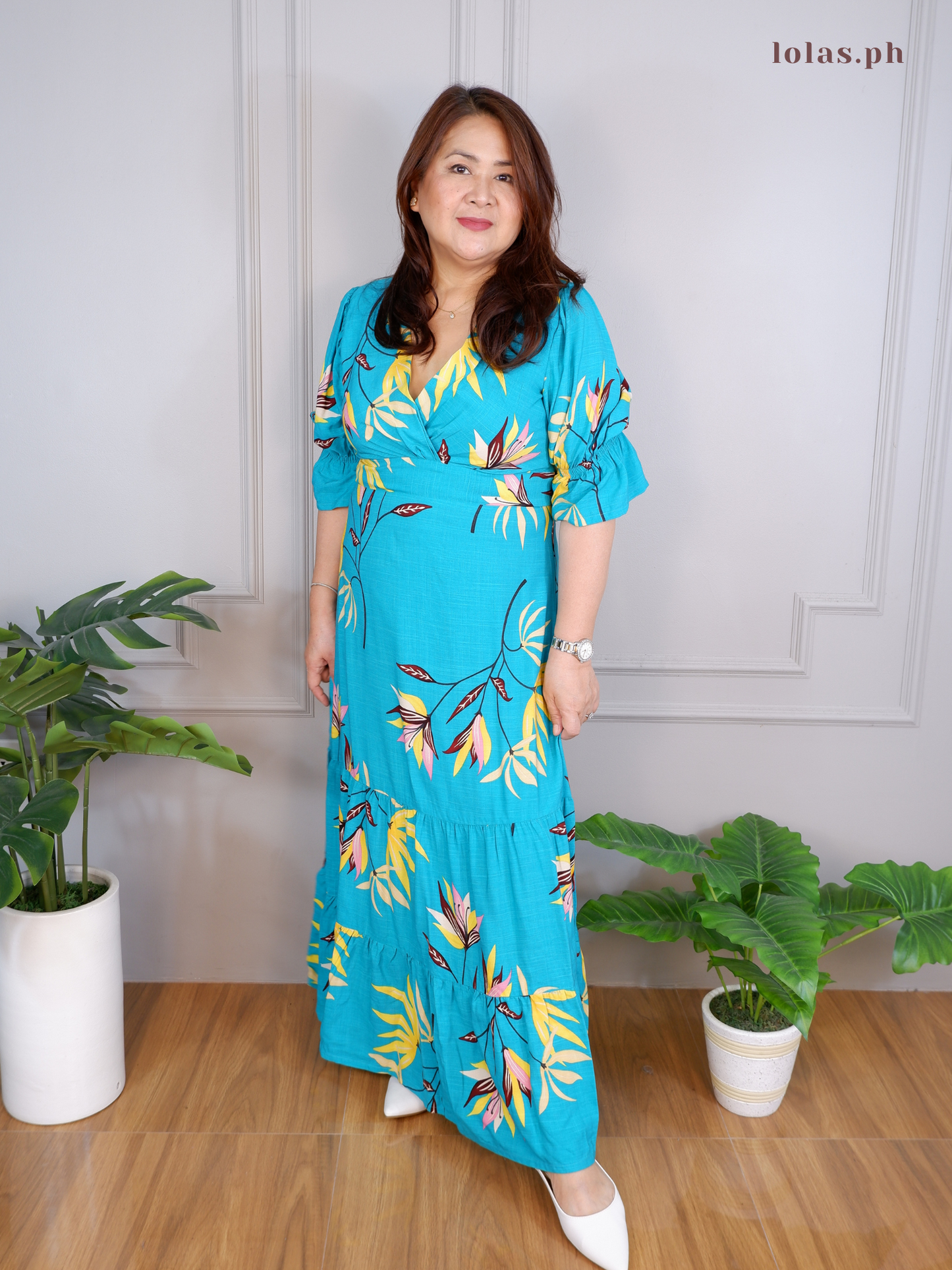 Sofia Dress (Aqua Leaves)