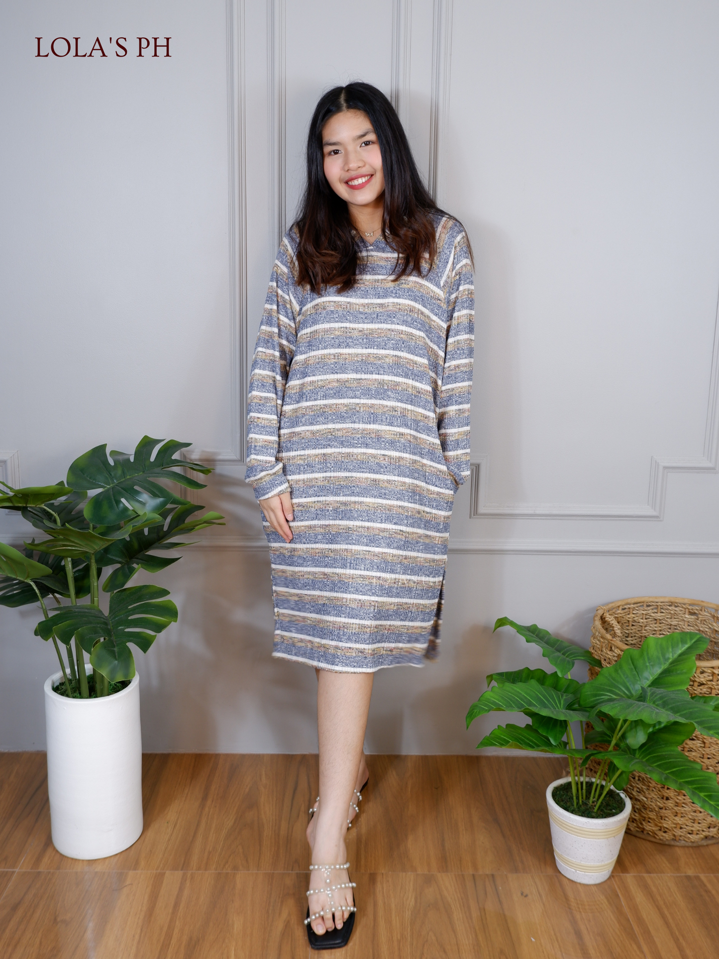 Hoodie Dress Knit (Stripes Blue)