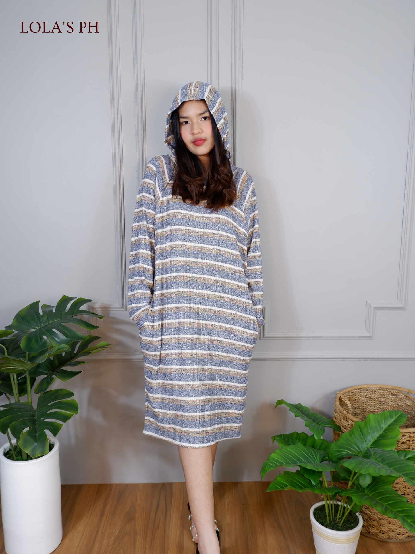 Hoodie Dress Knit (Stripes Blue)