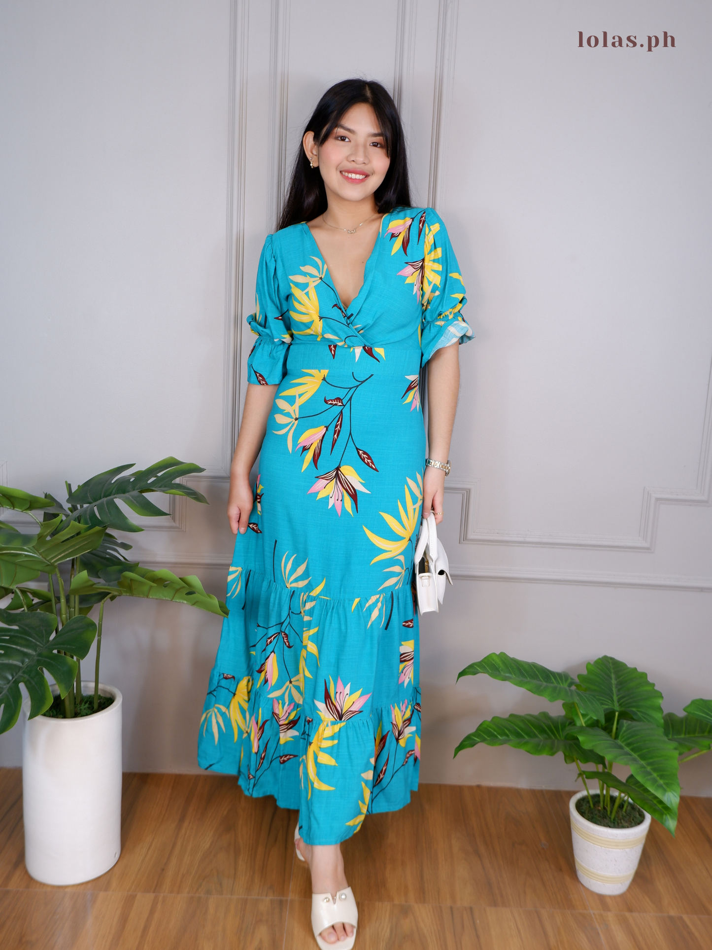 Sofia Dress (Aqua Leaves)